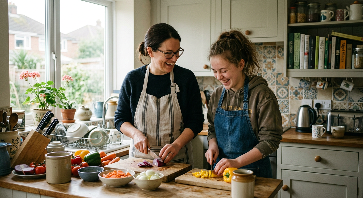 A support worker and a teenager cooking together in a kitchen