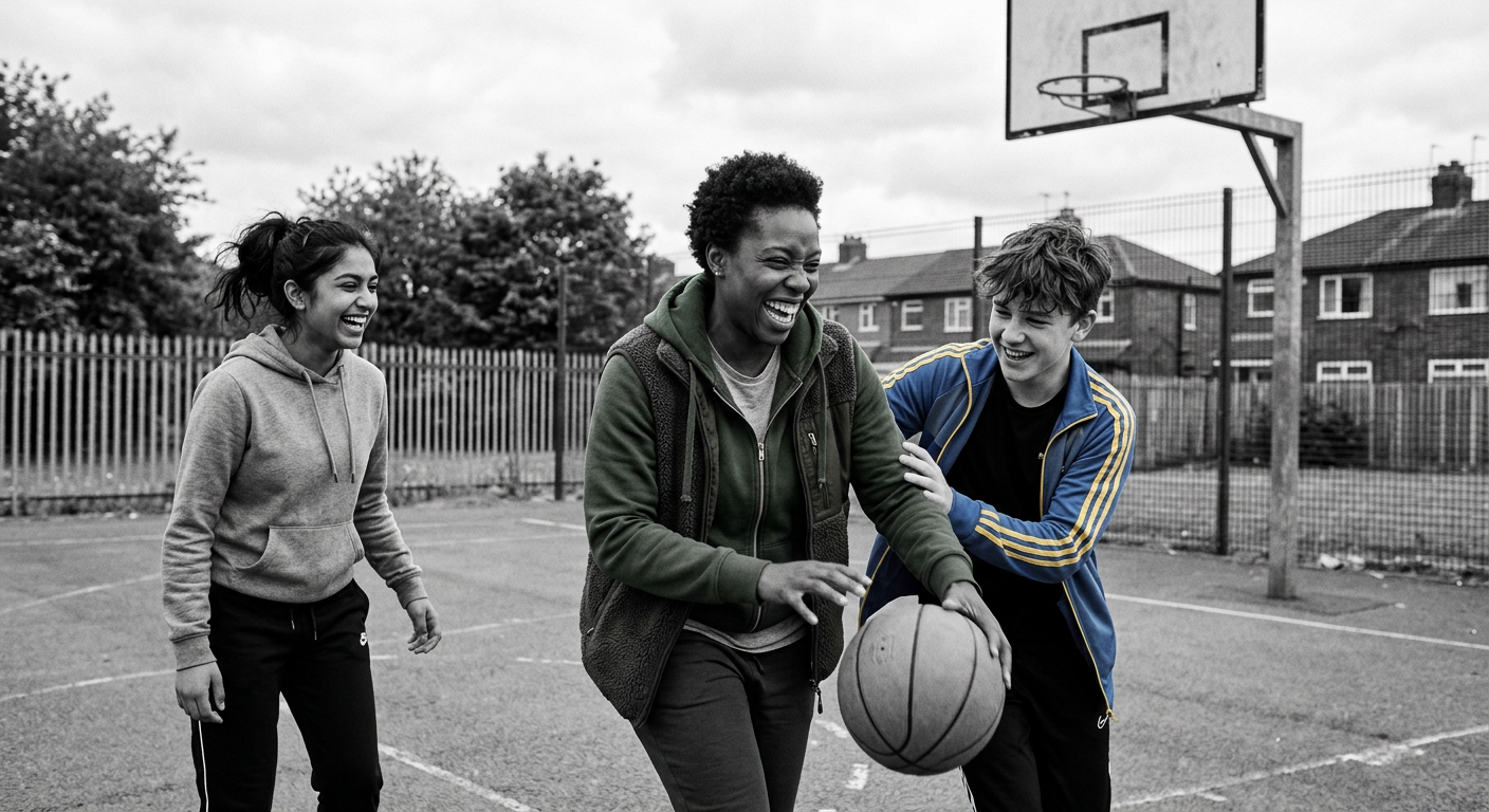 A youth worker playing basketball with two teenagers