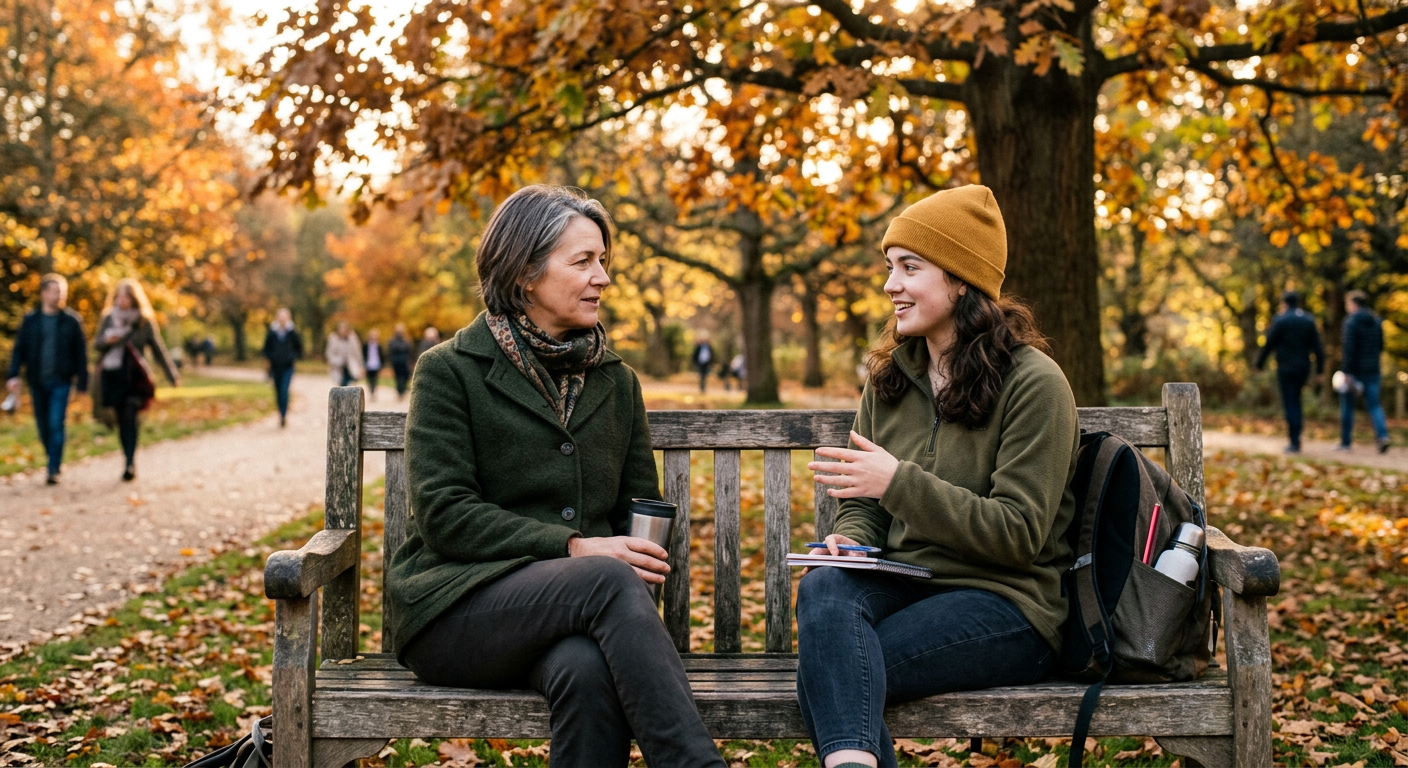 A mentor listening to a young person on a park bench