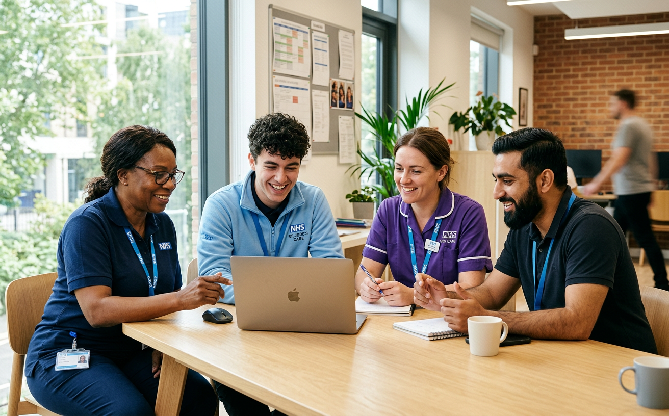 A small team of support staff discussing records around a laptop
